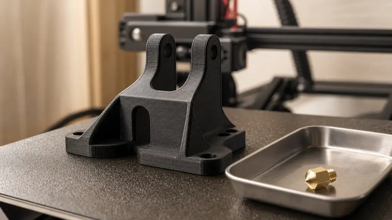 Wide-line FDM bracket on a build plate with an unbranded brass nozzle in a workshop.