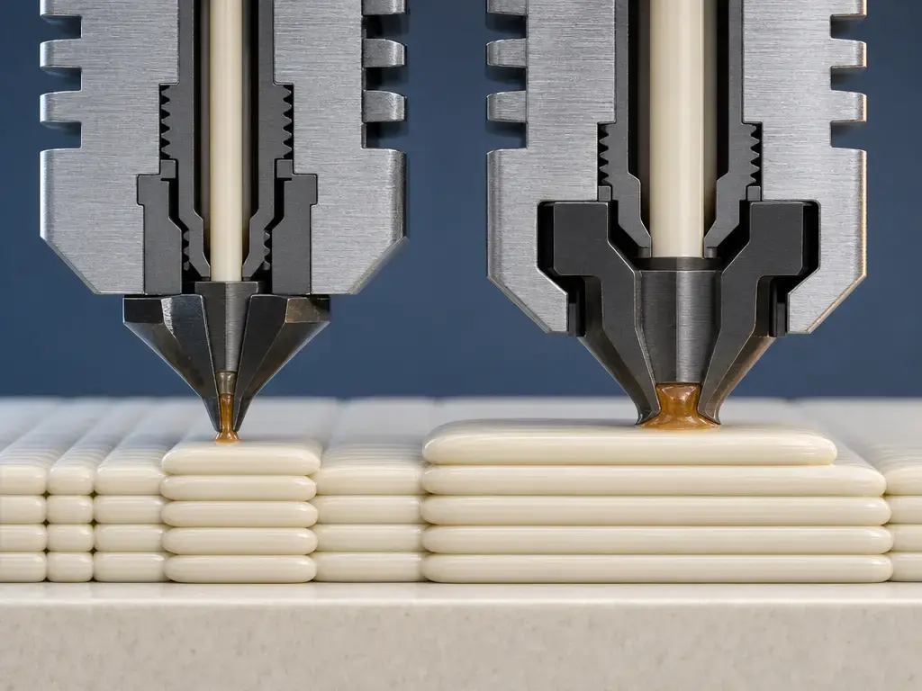 Cutaway illustration of narrow and wide FDM filament roads forming different bead cross-sections.