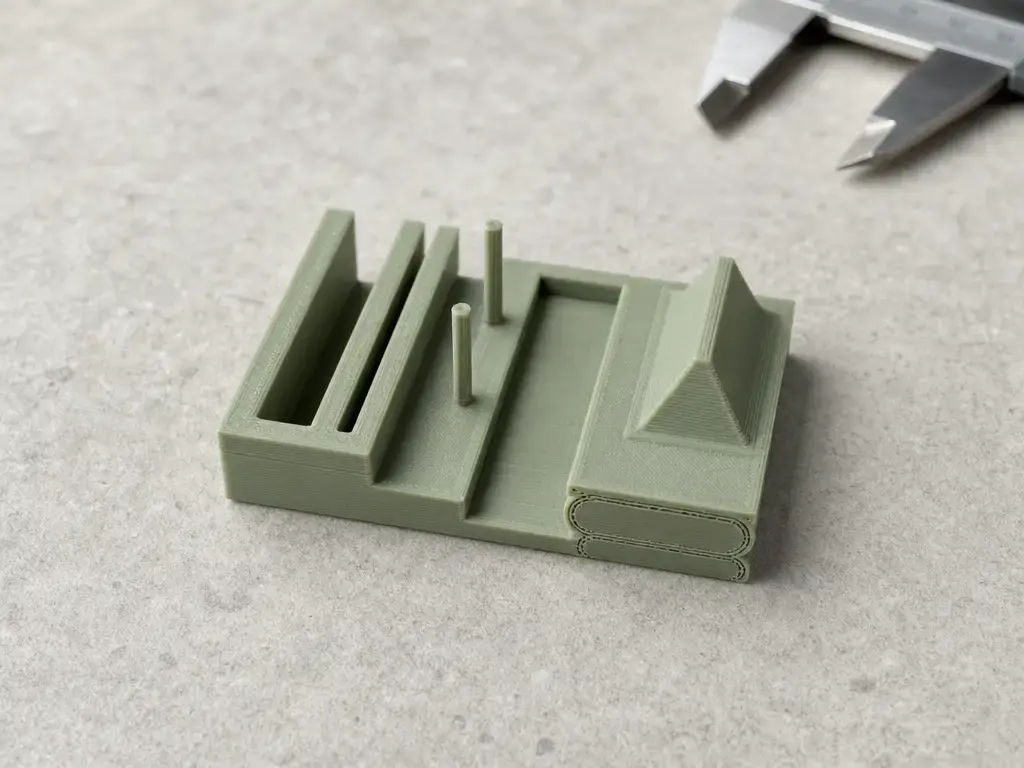 Printed test piece with open slots, thin posts, and a cut wall showing overlapping perimeter roads.