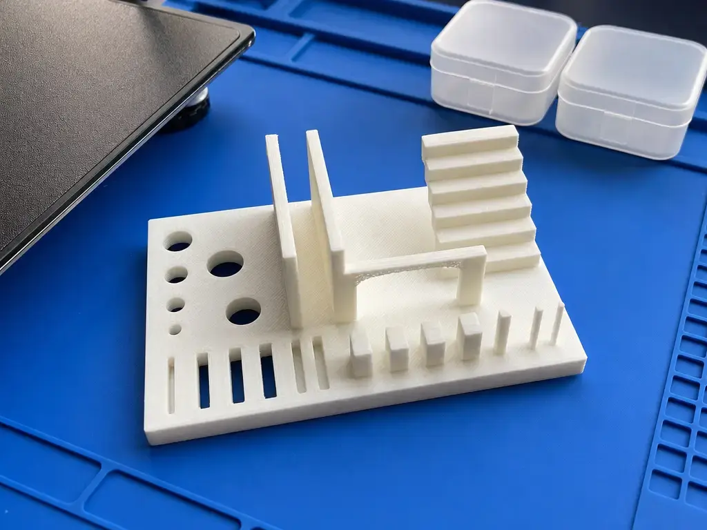 Feature-validation print with holes, slots, bridge, thin walls, and overhangs beside a printer build plate.