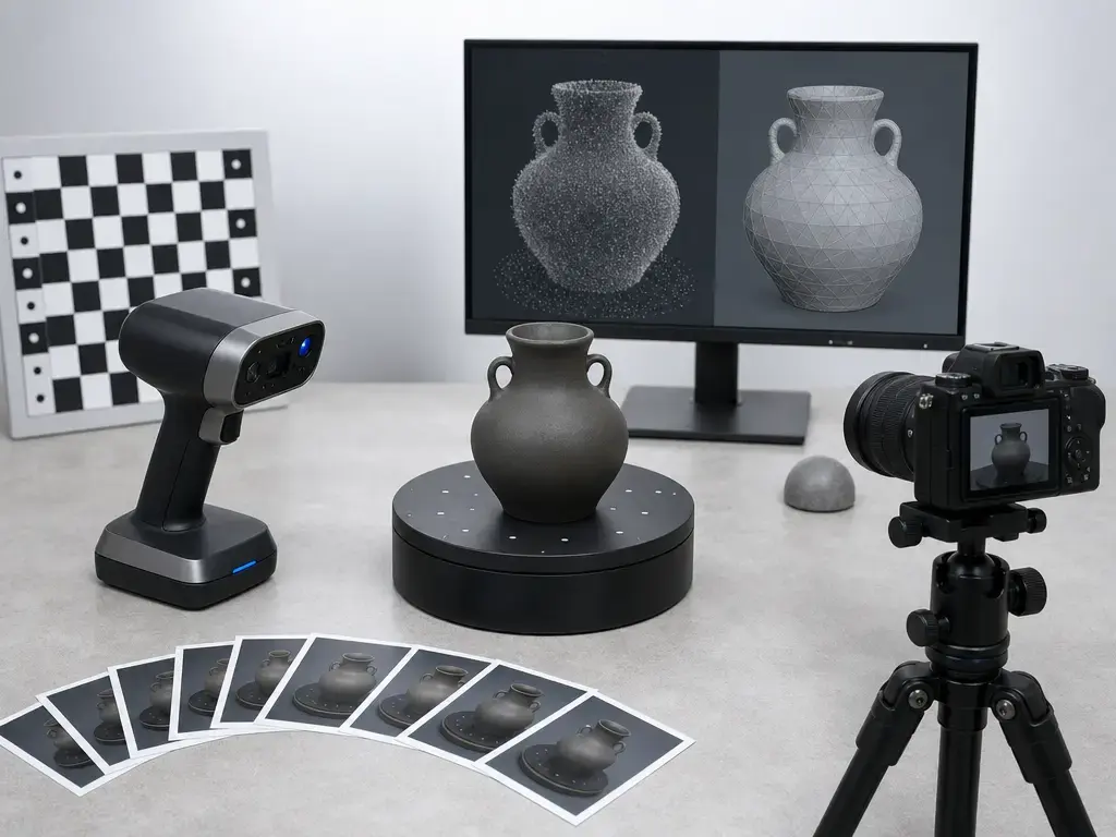3D scanning and photogrammetry workflow with scanner, camera, turntable, and mesh preview