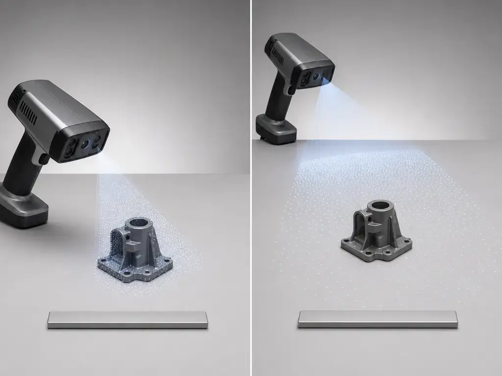3D scanner working distance comparison showing the same object at near and far capture distances