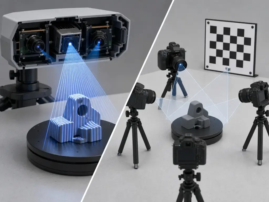 structured-light scanning setup next to photogrammetry photo capture arrangement