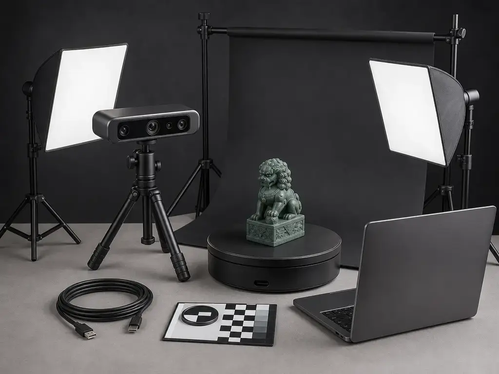 Entry-level 3D scanning setup with tripod, turntable, diffuse lights, and scale reference