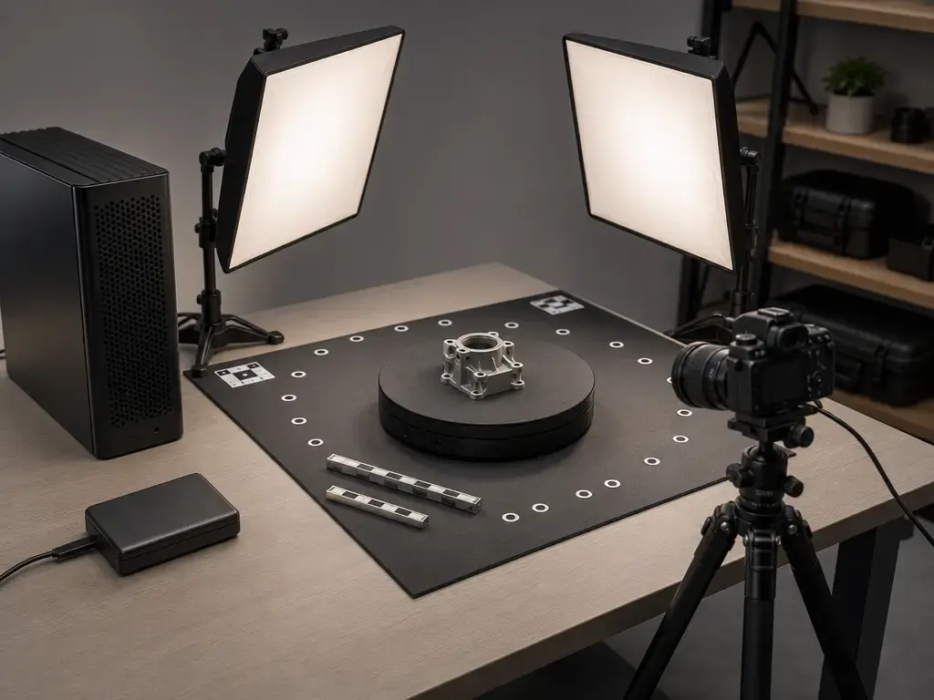 3D scanning workflow station with turntable lights markers and scale aids