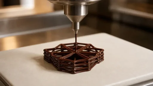 Nozzle depositing dark chocolate in layers to form a small lattice dessert decoration.
