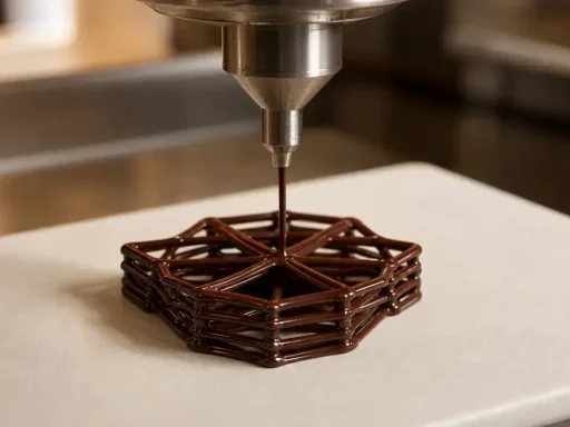 Nozzle depositing dark chocolate in layers to form a small lattice dessert decoration.