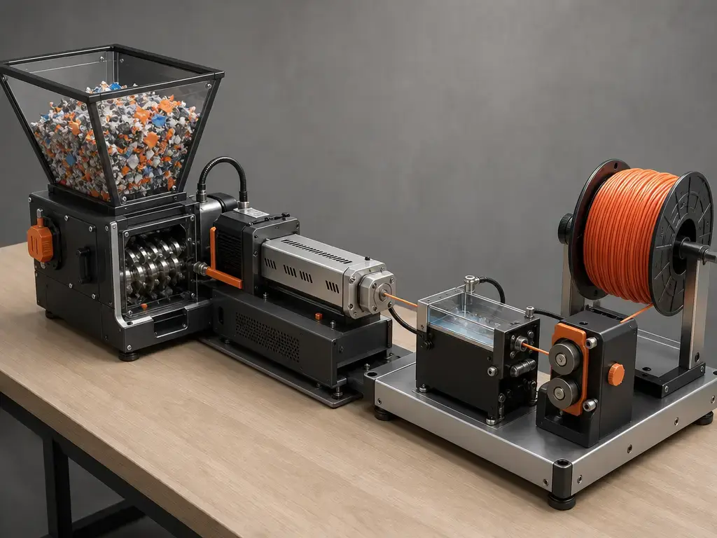 Filament recycler line with shredder, extruder, cooling path, pullers, and spool