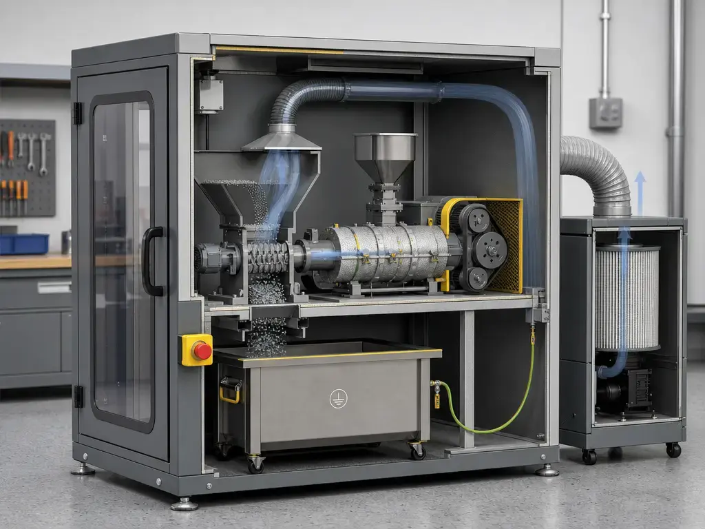 Cutaway of a filament recycler enclosure with exhaust, filter, guards, and hot components