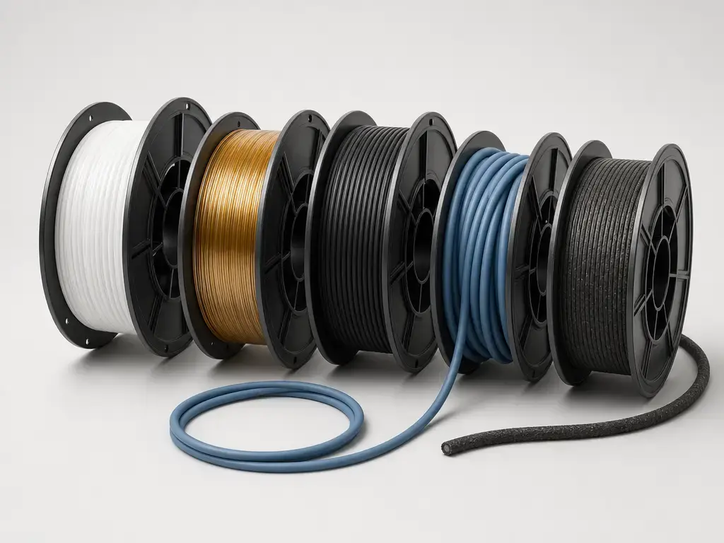 Assorted 3D printer filament spools showing common material families