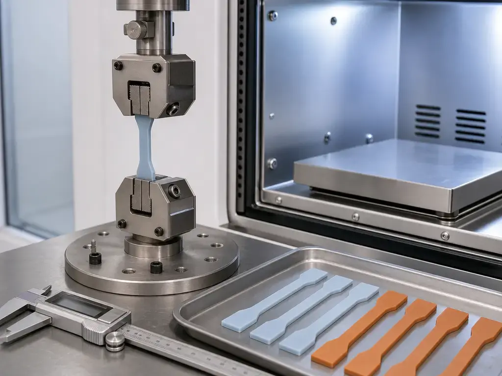 Printed polymer test bars in a materials-testing setup