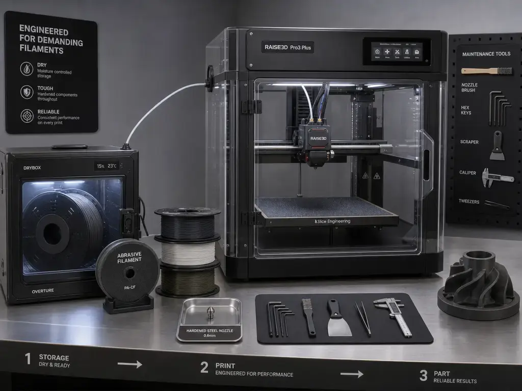 Enclosed 3D printer setup with dry storage and hardened nozzle tools