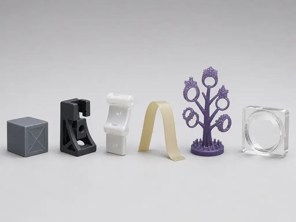 Comparison of 3D printer resin sample parts for standard, tough, flexible, castable, clear, and rigid types