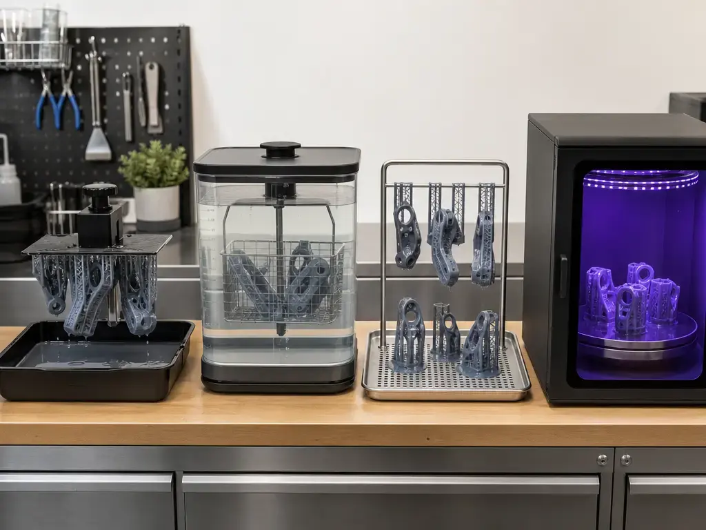 3D printer resin post-processing workflow with wash station, drying stage, and UV cure chamber