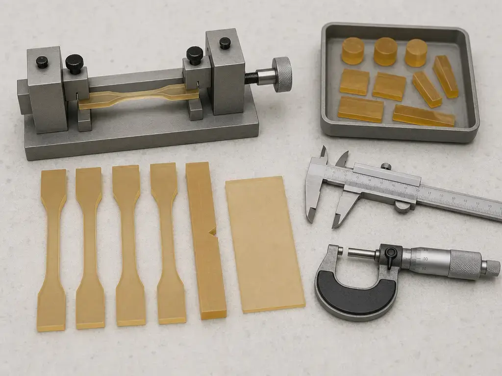 Resin test specimens with caliper and micrometer for tensile and dimensional evaluation