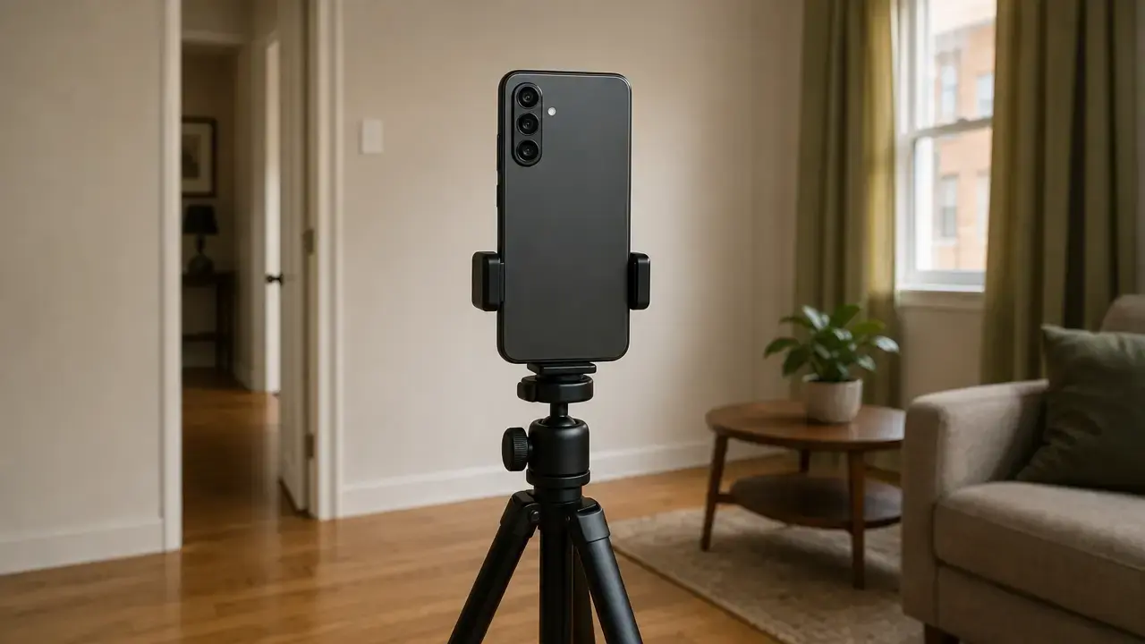 Unbranded smartphone on a tripod positioned to capture a furnished residential room.