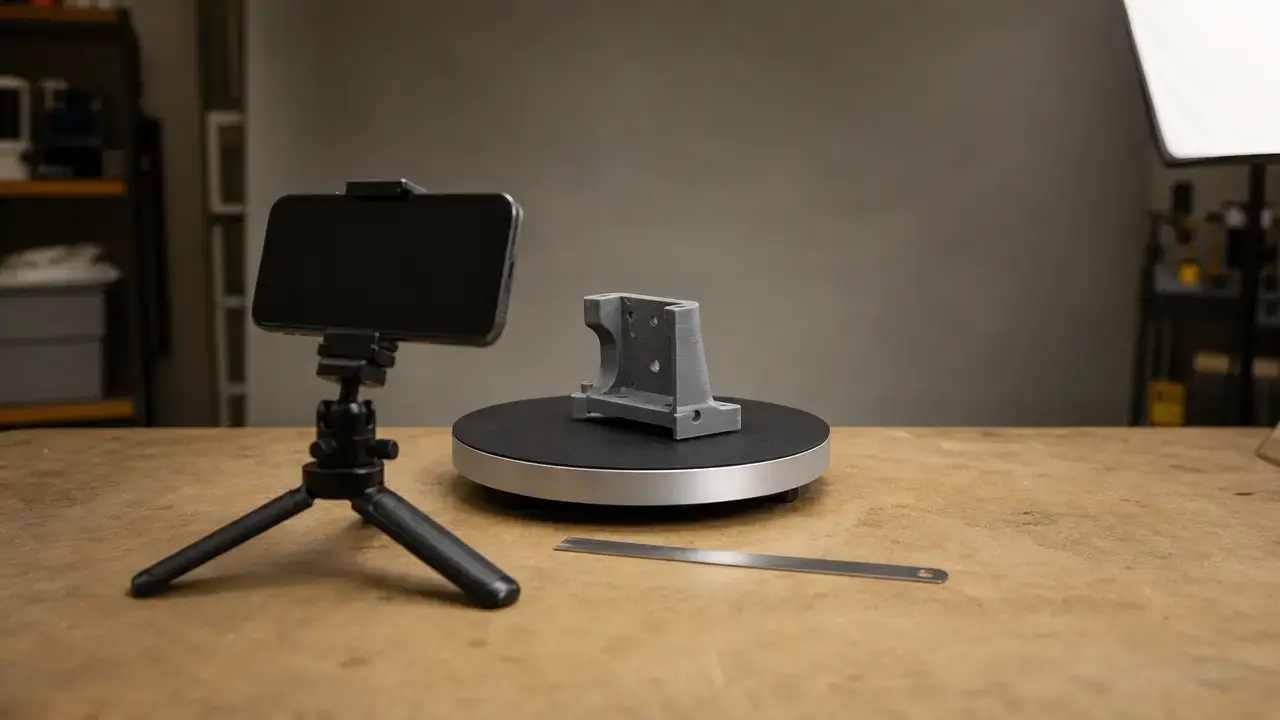 Smartphone scanning a 3D-printed bracket on a turntable beside a scale reference.