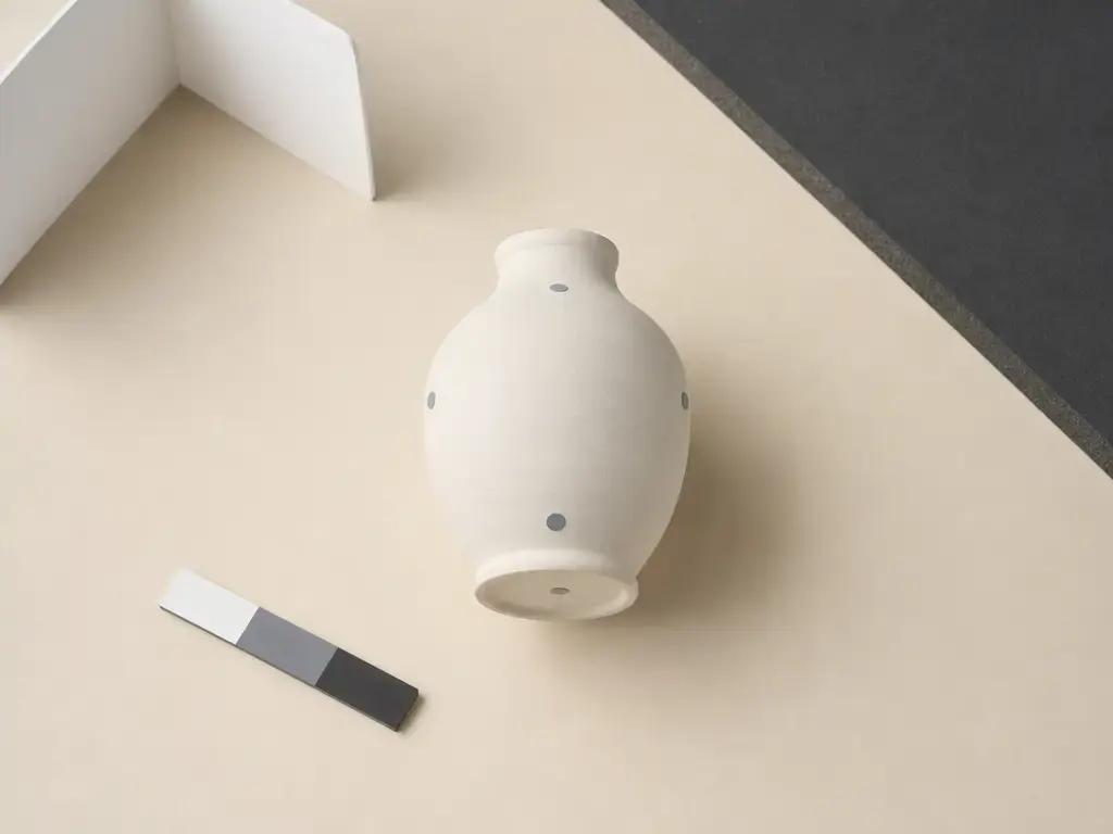 Ceramic vase on a matte backdrop with removable tracking dots and soft lighting for 3D capture.