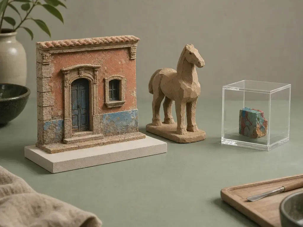 Three physical objects with different surface and presentation needs arranged on a studio table.