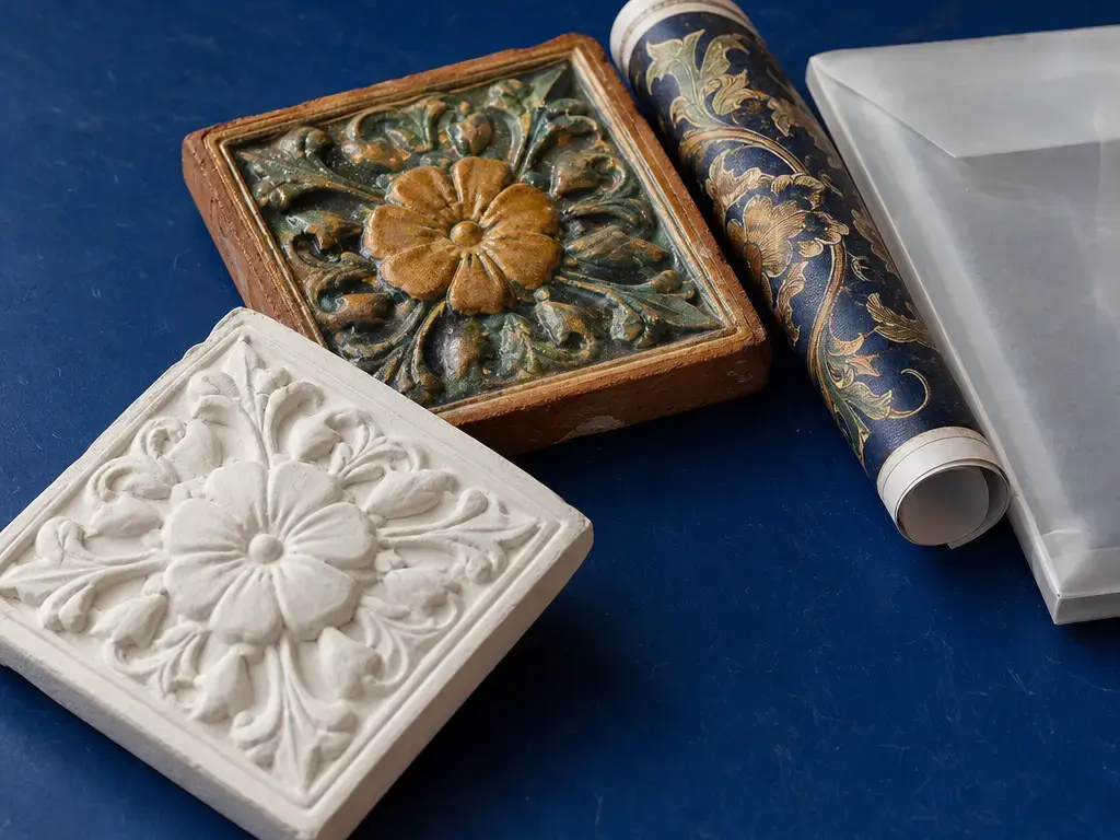 Monochrome relief, colored ceramic relief, and a separate texture sheet on a blue work surface.