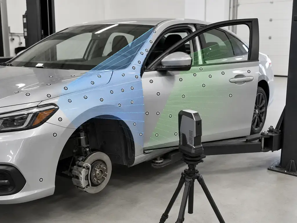 Car 3D scanning workflow with open door, removed wheel, and overlapping targets