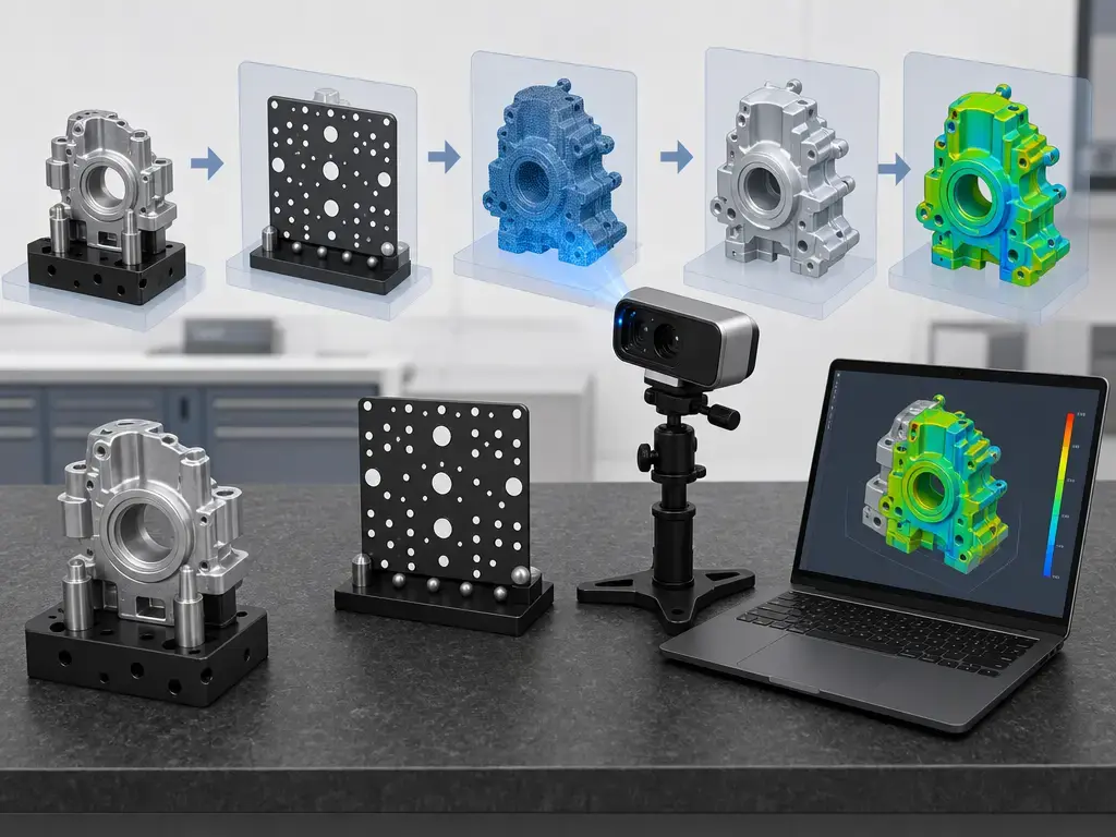 3D scanning quality control workflow with part, scanner, calibration plate, and CAD comparison