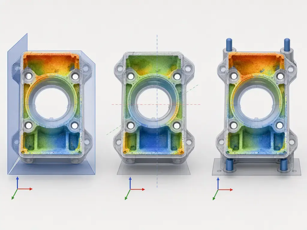 3D scanning alignment comparison showing datum-based, best-fit, and fixture alignment results