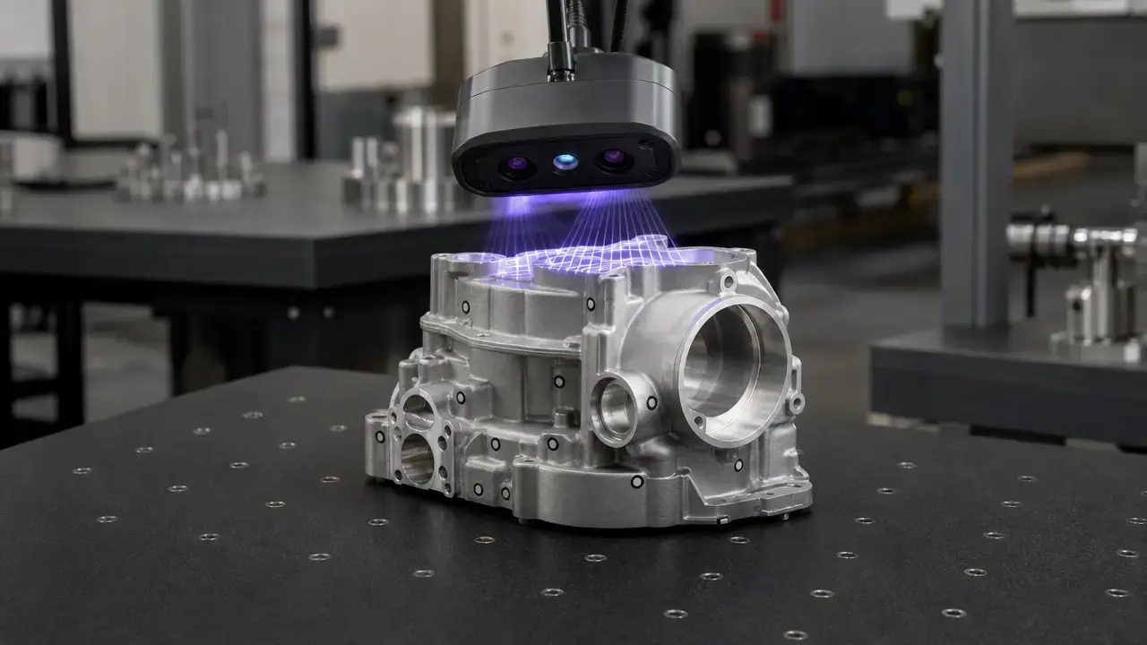Handheld optical scanner capturing a targeted machined aluminum housing in a metrology workshop.