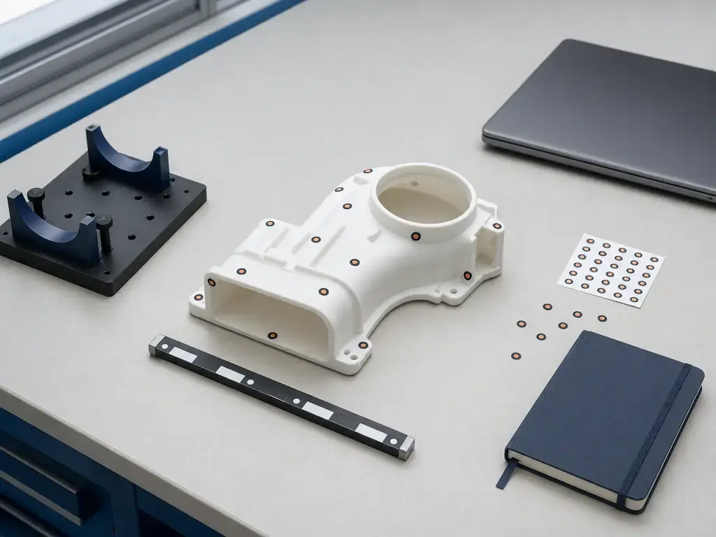 Prepared plastic component with reference targets, scale bar, fixture cradle, and closed laptop on a workbench.