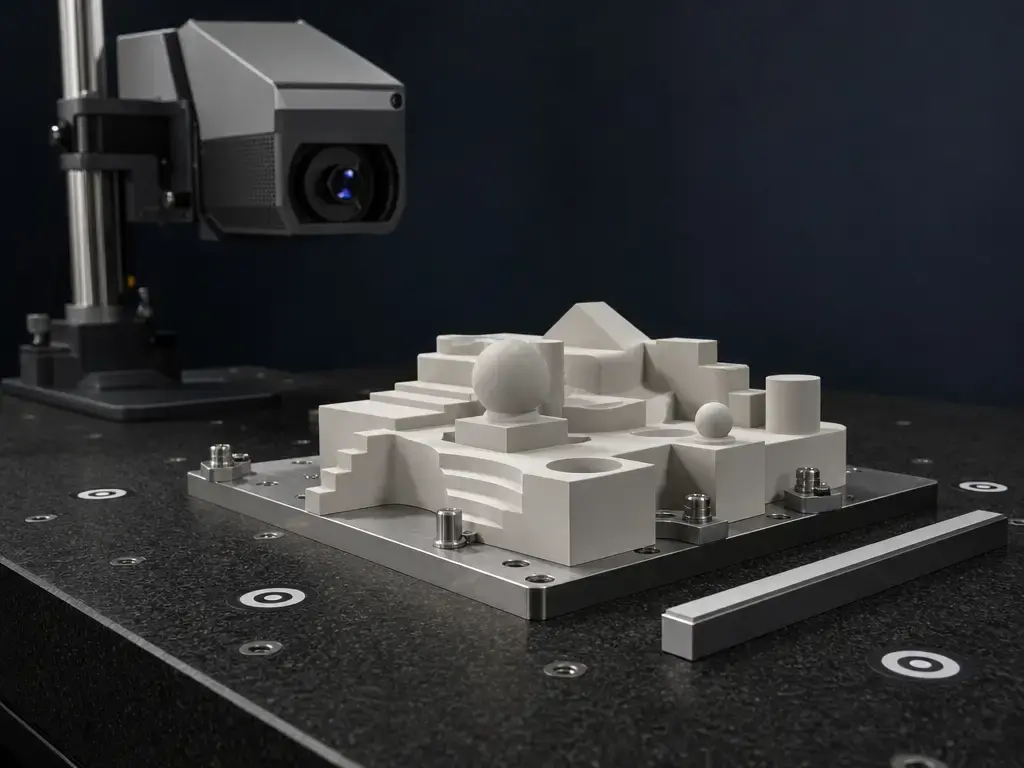 Ceramic reference artifact on a granite table with an optical measurement head, scale bar, and targets.