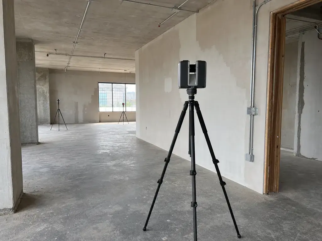 Terrestrial laser scanner on a tripod in an unfinished interior with survey targets.