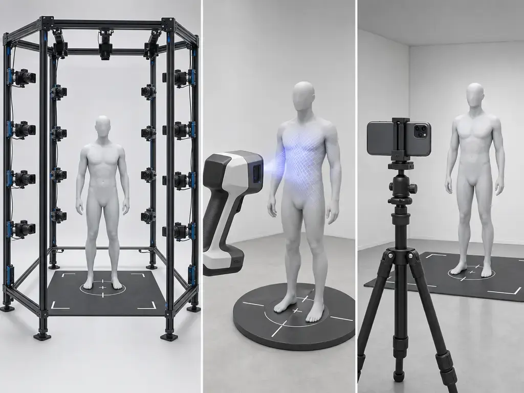 Comparison of body 3D scanning setups: booth, handheld scanner, and smartphone tripod capture
