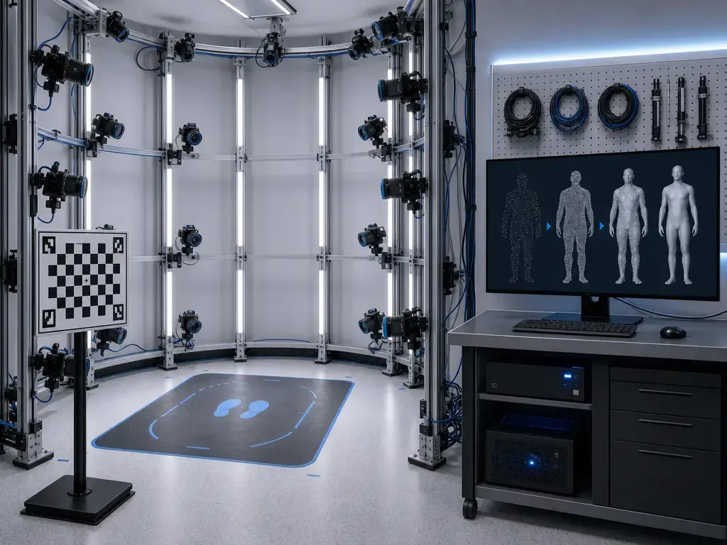 Body scanning workflow station with calibration target, pose zone, capture hardware, and mesh processing