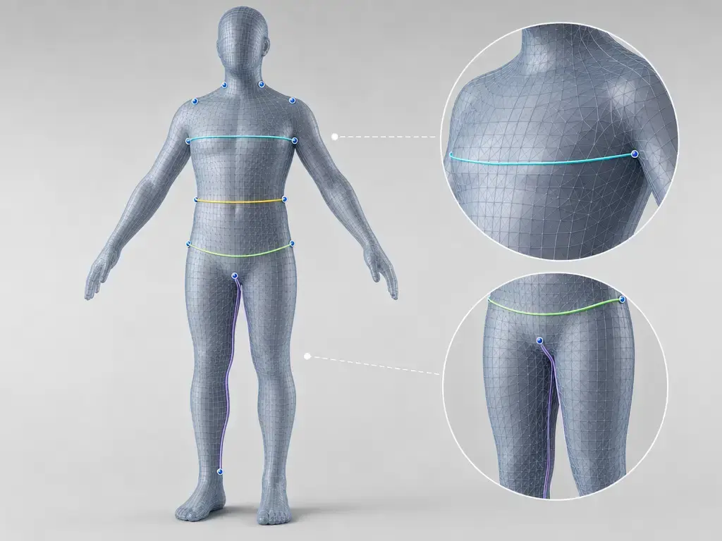 Human body surface mesh with landmark points and derived measurement paths