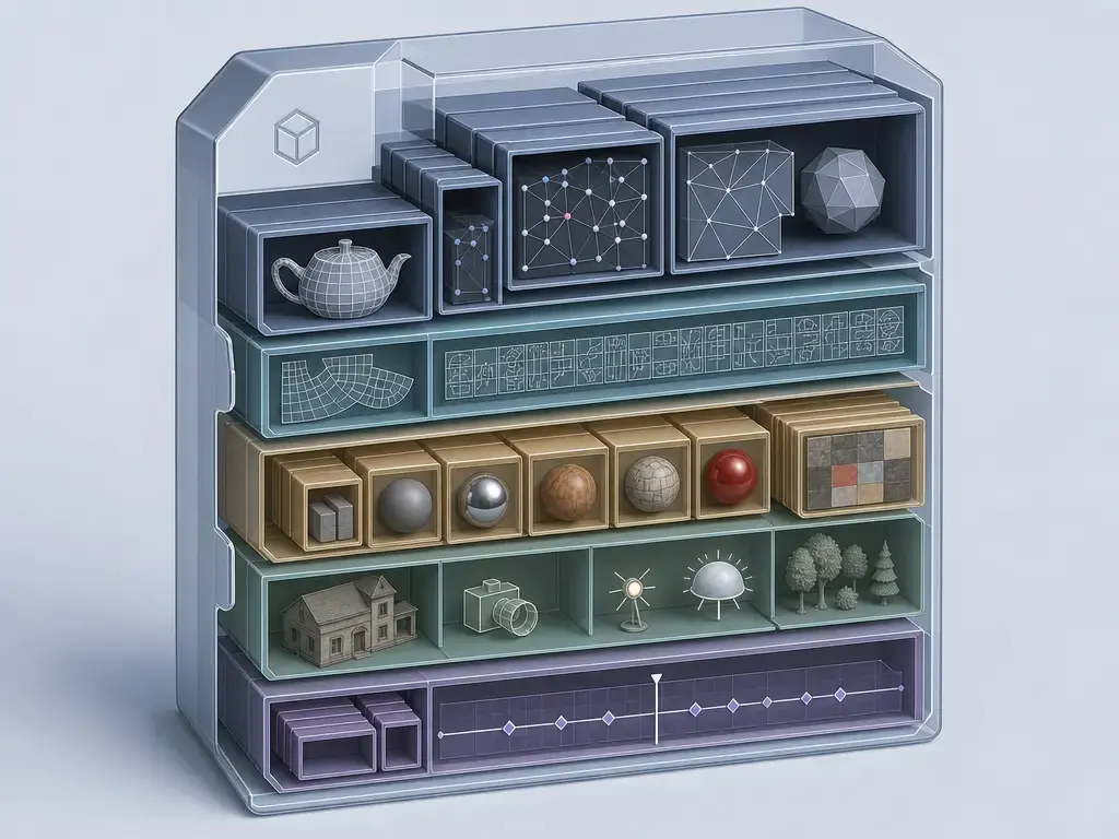 Cutaway diagram of a 3DS file showing chunked mesh, UV, material, and scene data.