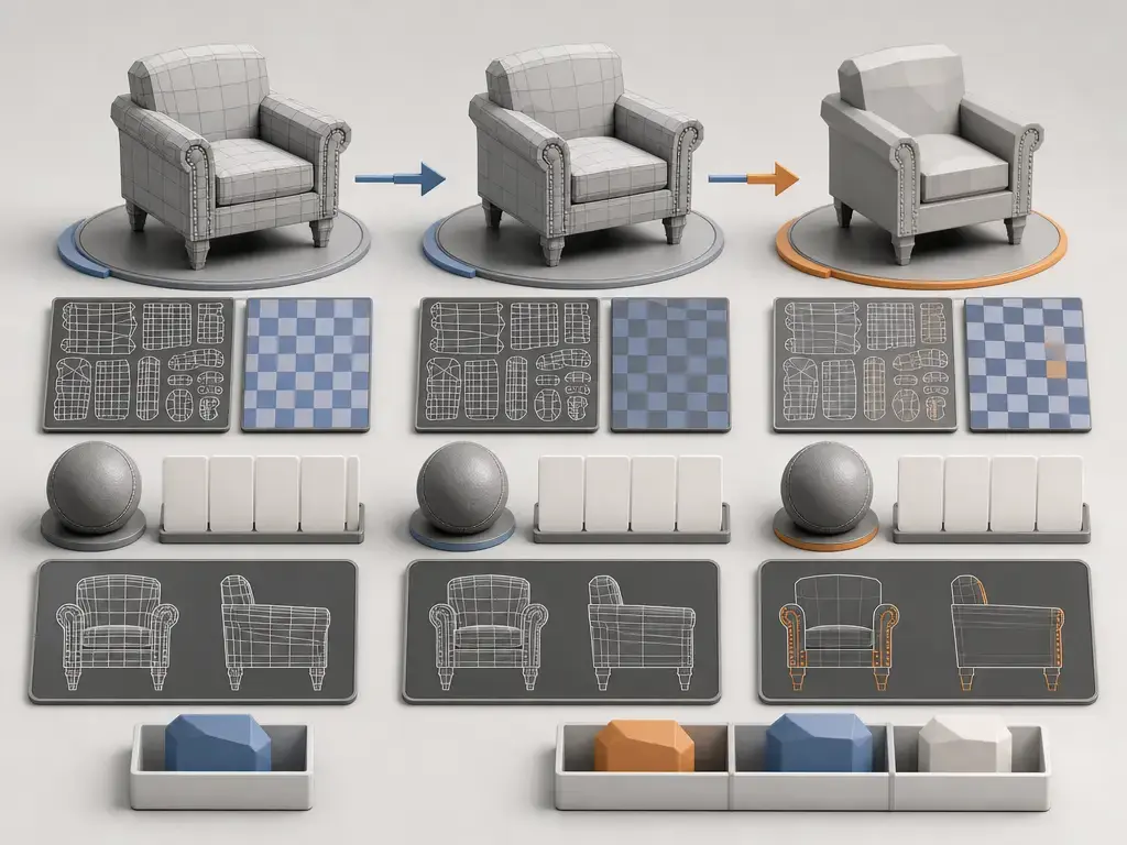 Workflow scene for converting a 3DS file and checking geometry, UVs, and materials.