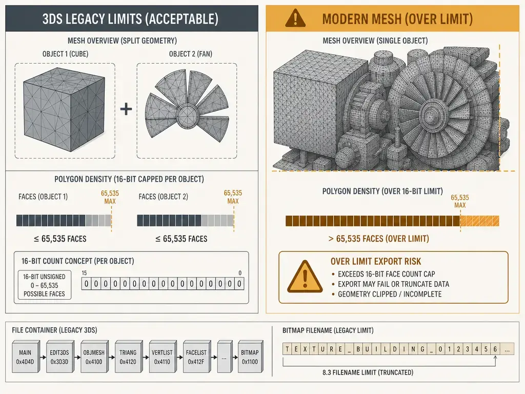 Comparison layout showing 3DS mesh size limits, split geometry, and legacy filename constraints.