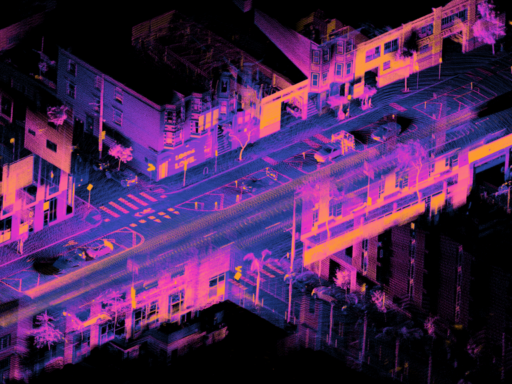 Orthographic projection of a registered point cloud captured using an Ouster OS1 lidar mounted on a moving car.
