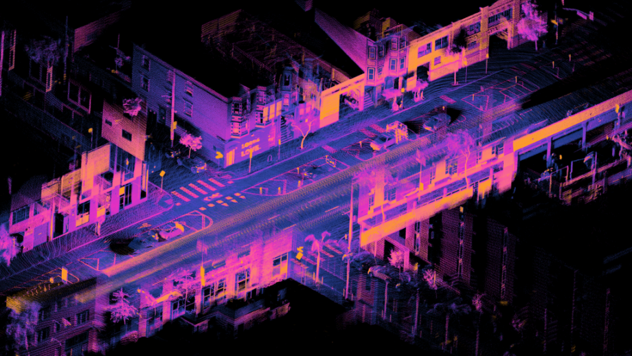 Orthographic projection of a registered point cloud captured using an Ouster OS1 lidar mounted on a moving car.