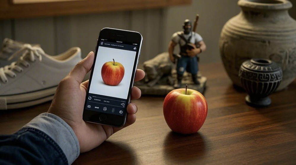 man scans an apple with smartphone