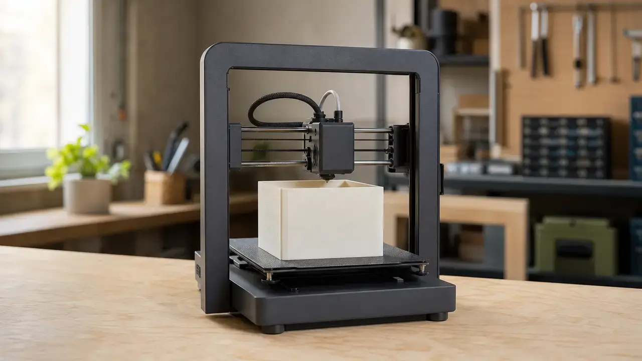 Compact desktop FDM printer making a tall square polymer part on a textured build plate.