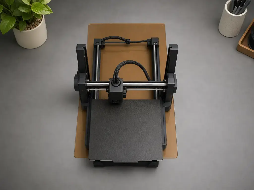 Draufsicht auf einen kompakten FDM-Drucker mit freiem Platz auf dem Schreibtisch um sein bewegliches Bett.