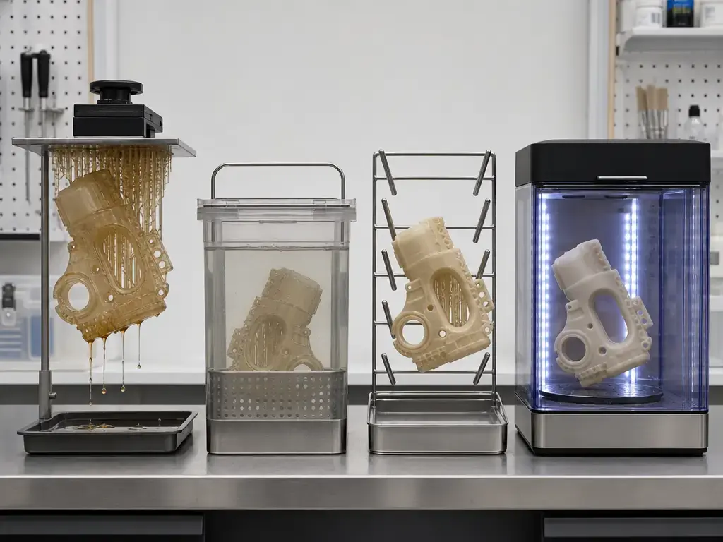 ABS-like resin workflow showing printing, washing, drying, and post-curing