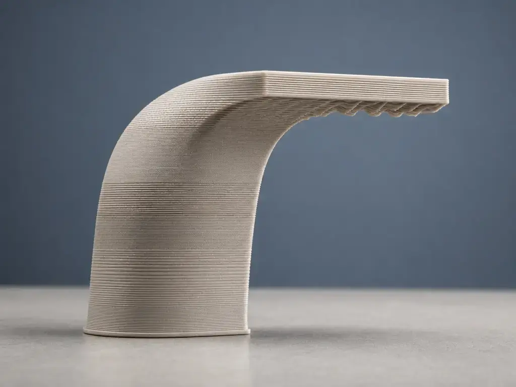 FDM print showing overhang droop and transition band artifacts