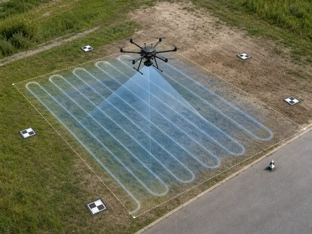 Drone photogrammetry flight over a mapped site with ground control targets