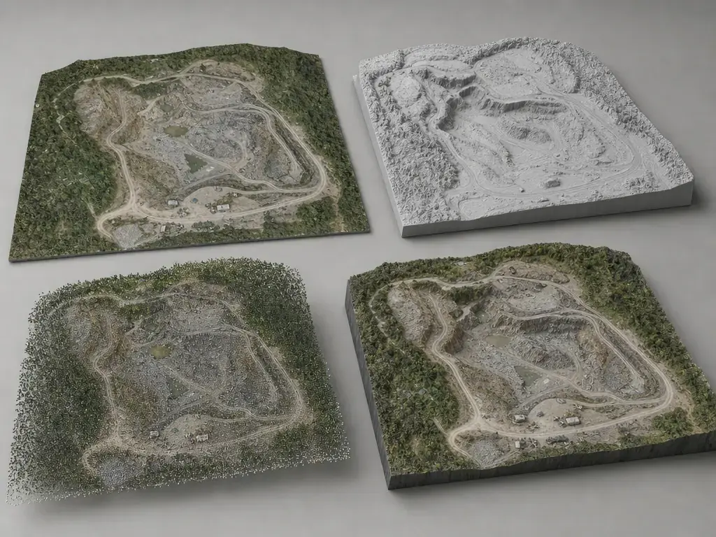Orthomosaic, DSM, point cloud, and mesh outputs from a drone photogrammetry survey