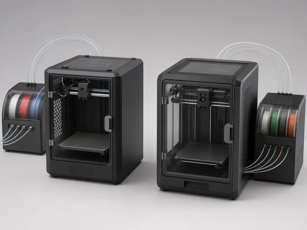 Side-by-side enclosed desktop 3D printers with external multicolor feeder units