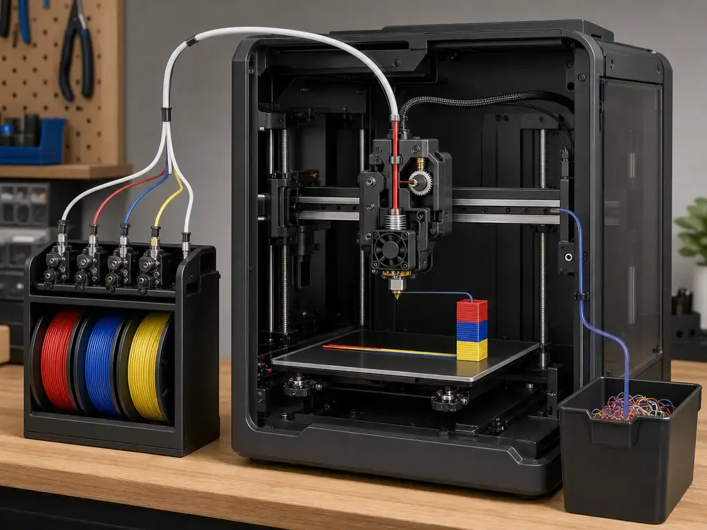 Single-nozzle multicolor filament path with feeder and purge waste artifacts