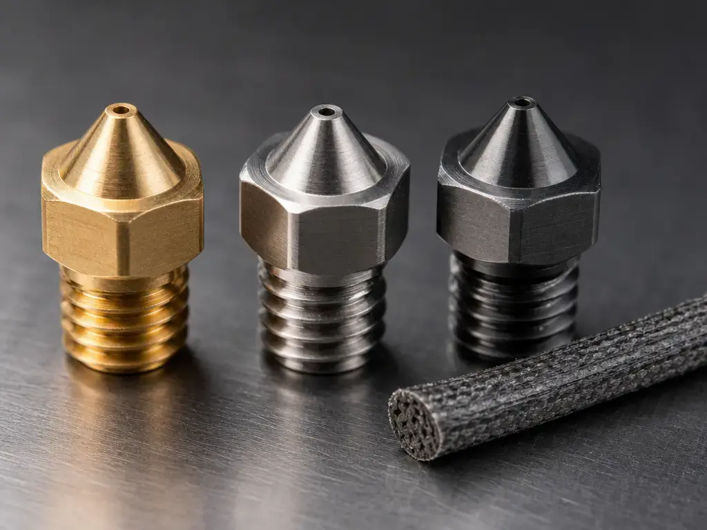 Brass, stainless steel, and hardened steel printer nozzles beside abrasive composite filament