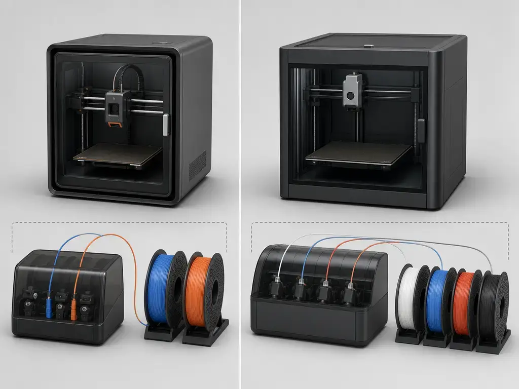 Anycubic Kobra S1 vs Bambu Lab P1S bundle comparison with multicolor feeders
